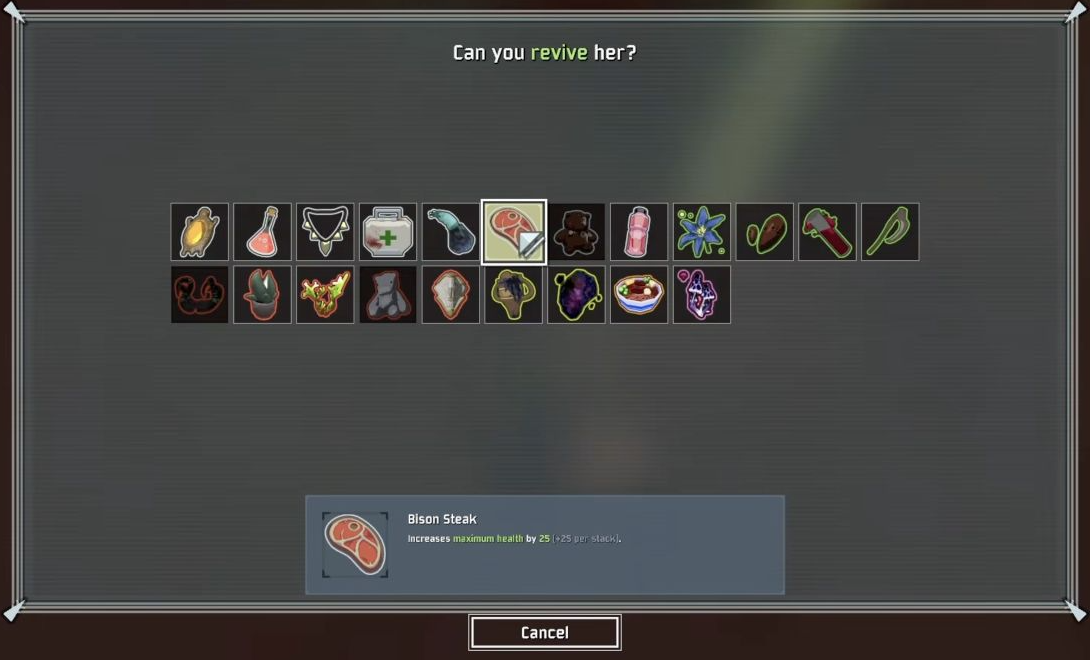 Can you revive her item menu with Bison Steak selected