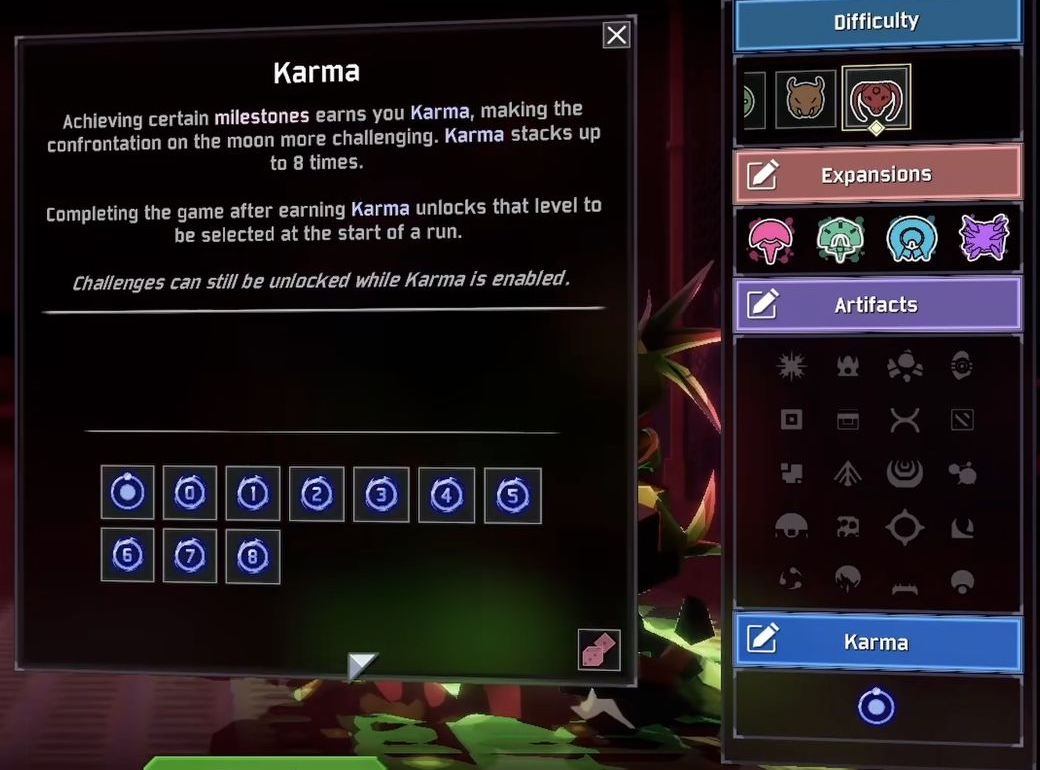 Karma panel beside Artifacts, showing starting levels zero through eight